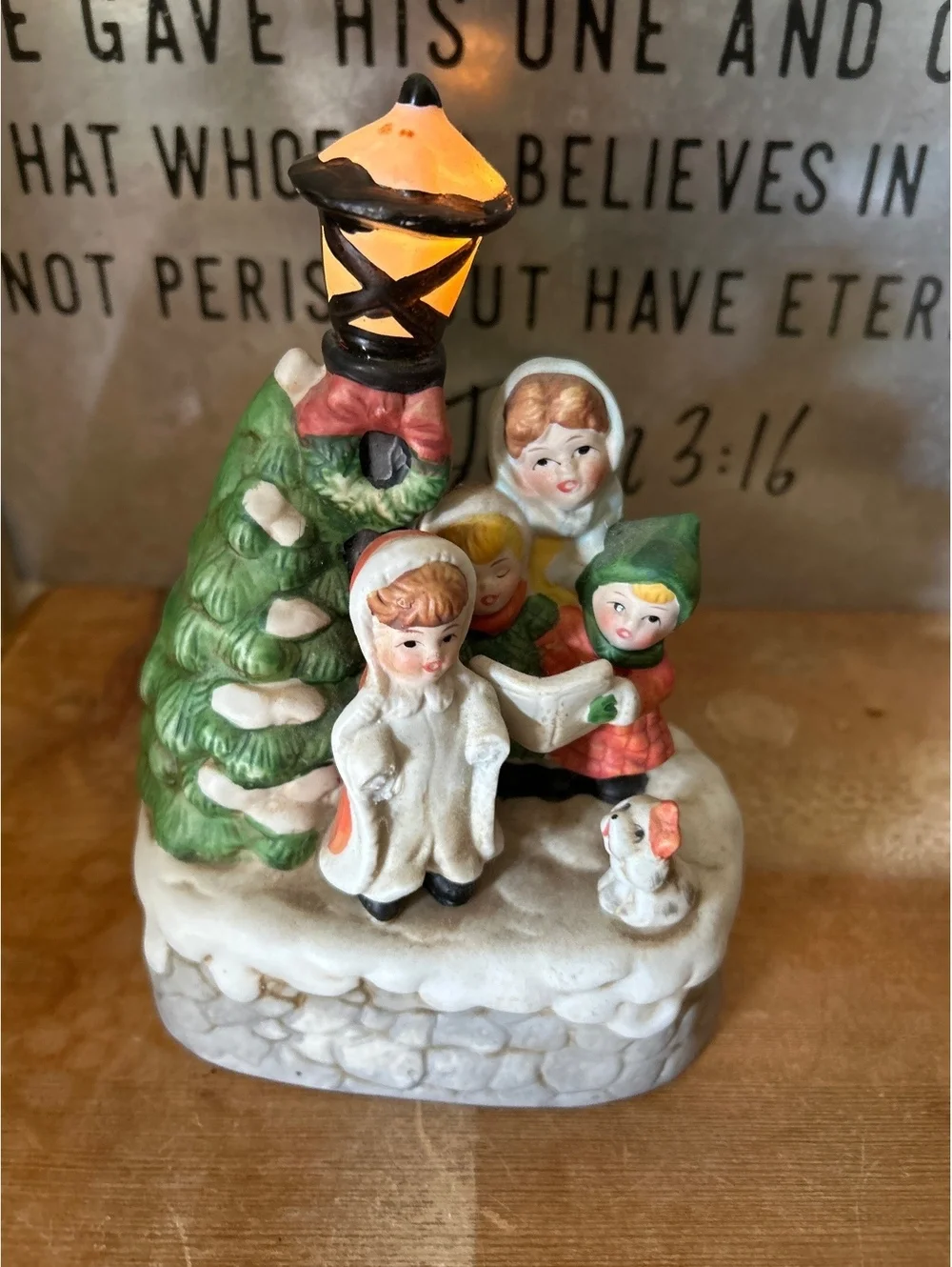 Vintage Ceramic Christmas Carolers Figurine with Lantern and Trees